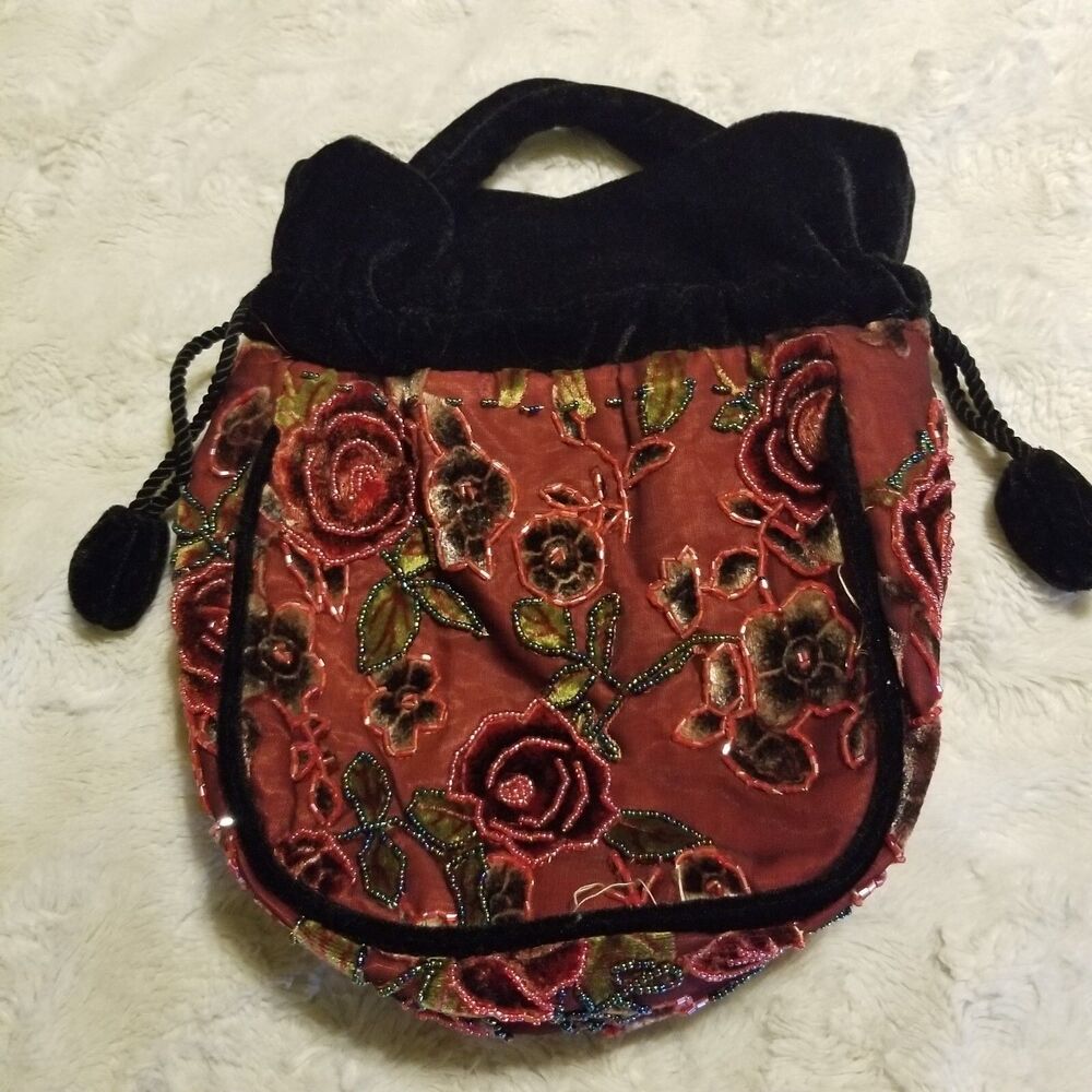 Beaded Boho Floral Cinched Tote Shoulder Bag Purse Y2K Hippie Renaissance